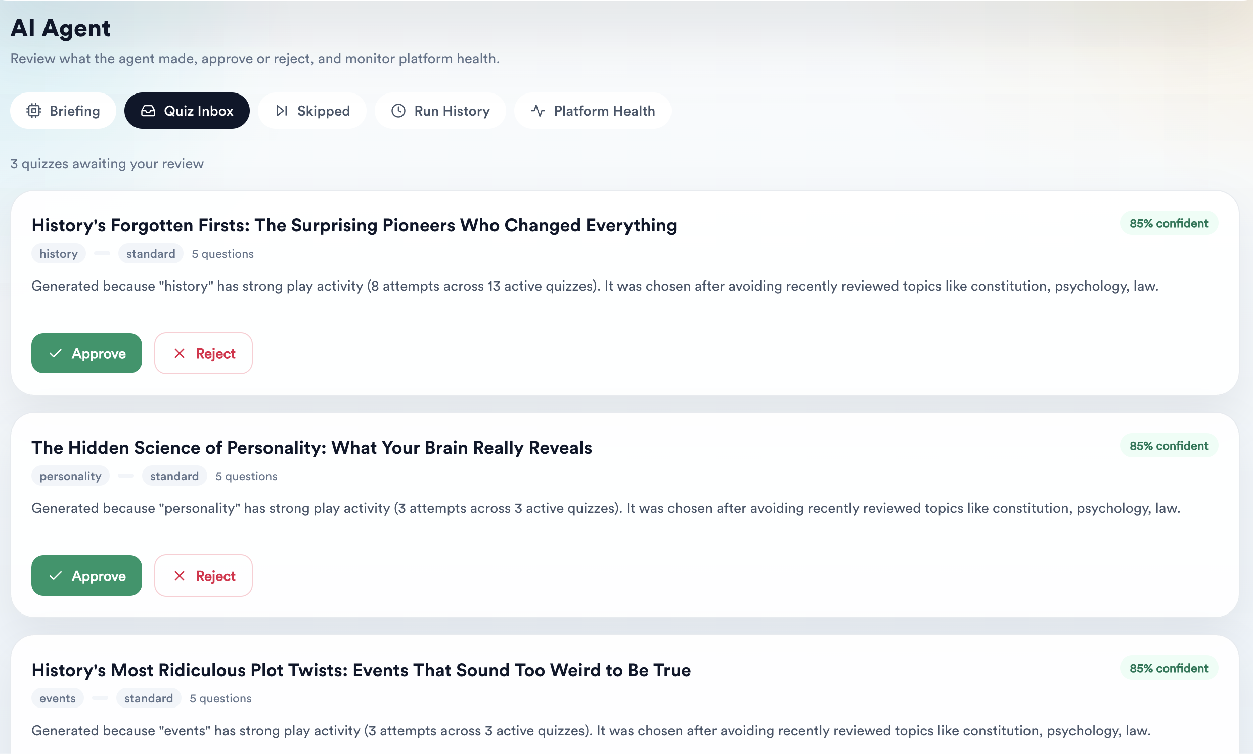 Quizco AI Agent dashboard showing the Quiz Inbox with pending quizzes and approve/reject controls.